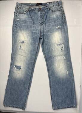 Mek Denim Jeans Mens Size 38x32 Distressed baggy￼Leg Button Fly Embroidered